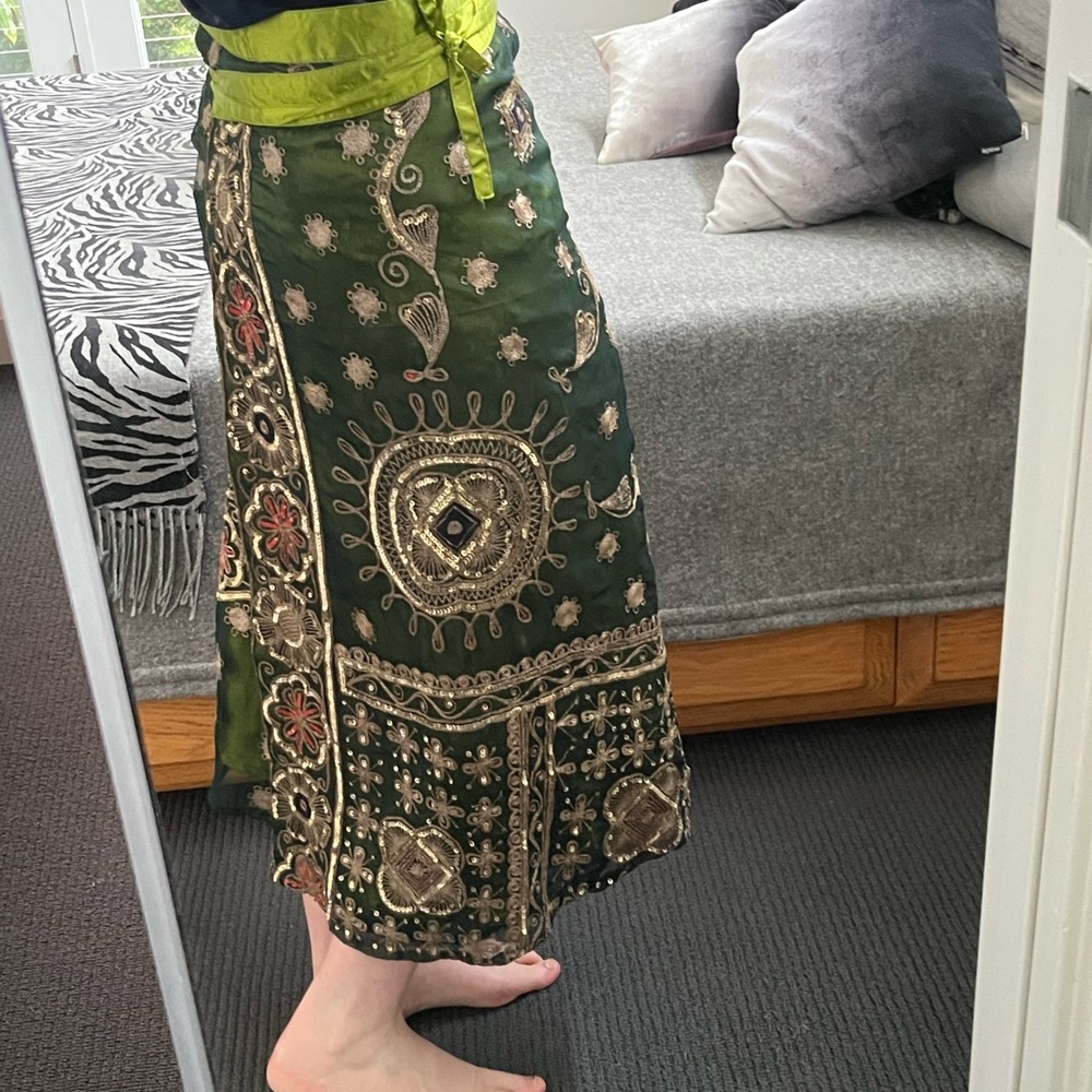 Gorgeous, handmade silk wrap Embroidered Skirt - green and gold